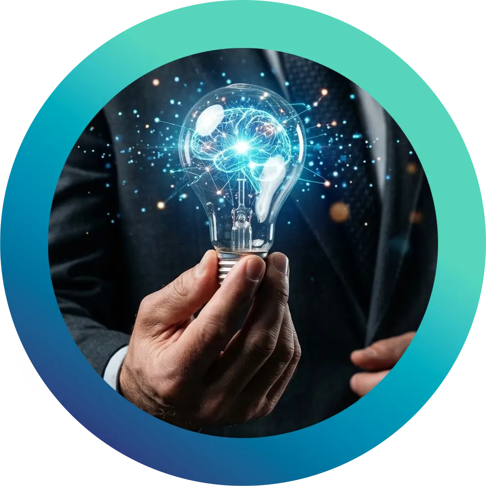 Business professional holding a glowing light bulb Business professional holding a glowing digital light bulb, representing innovation with HPE Nonstop.