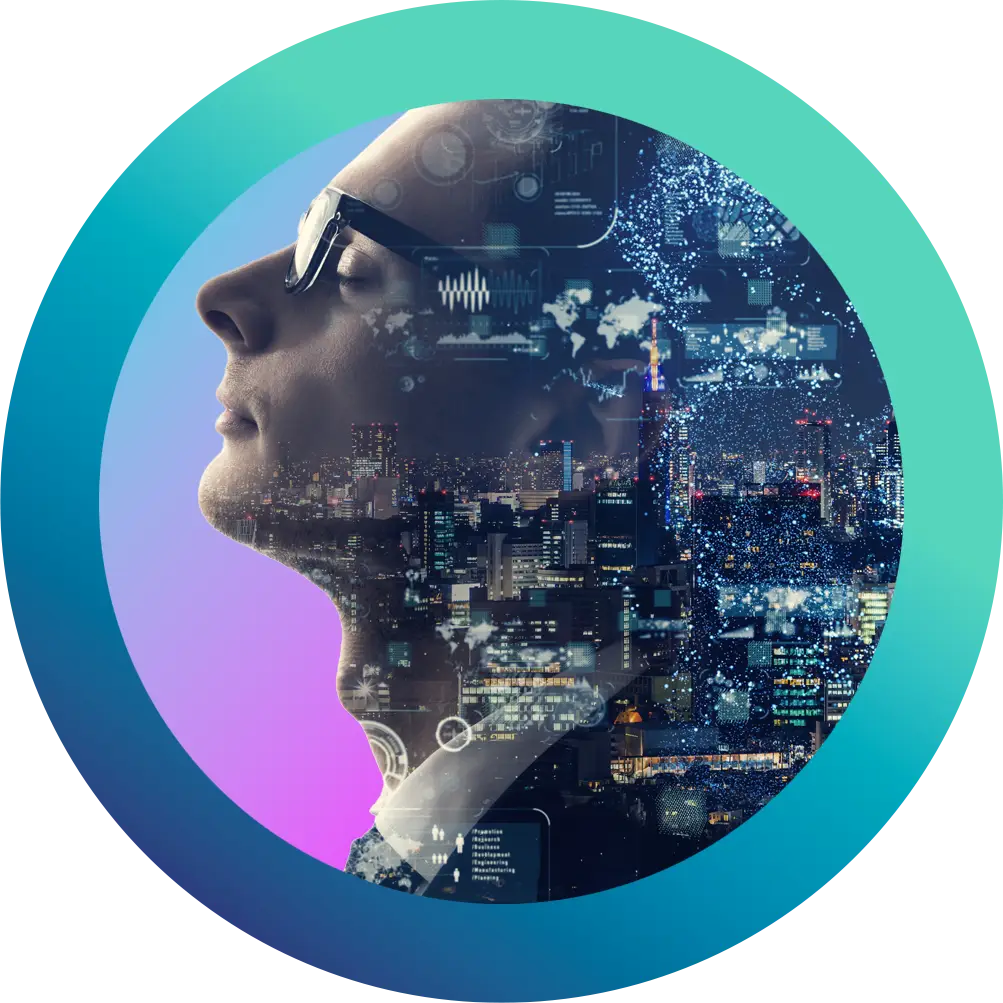 Profile overlaid with digital city data Side profile of a man in glasses overlaid with glowing city and data graphics, representing connected, modernised Nonstop systems