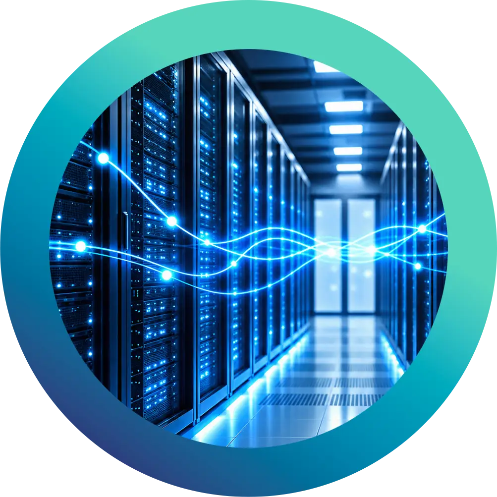 Illuminated data centre server aisle Data centre server aisle lit with blue light, representing round-the-clock managed HPE Nonstop services