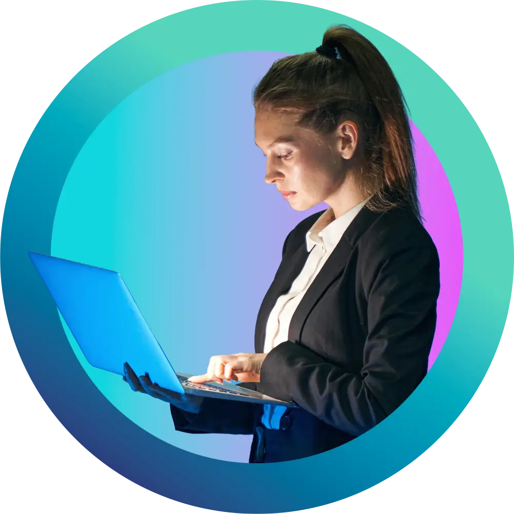 Consultant working on a laptop Professional woman working on a laptop, representing expert Nonstop project and consultancy support
