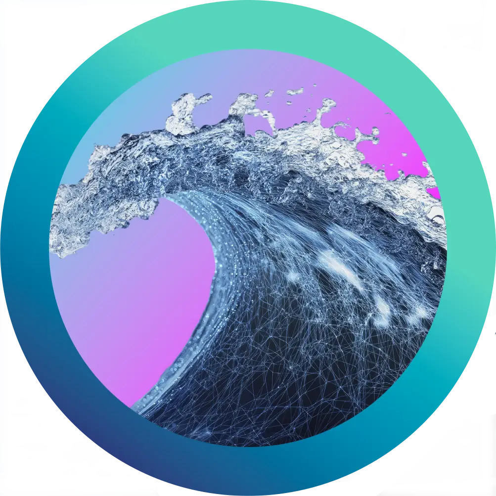 Digital wave made of data particles Breaking wave formed from glowing digital particles, representing momentum and getting ahead with Nonstop